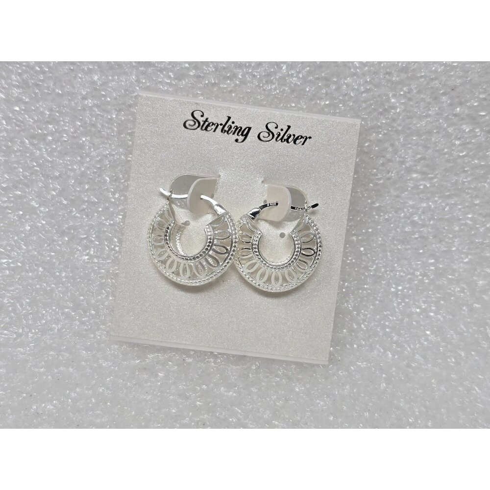 Sterling Silver Round Hoop Earrings With Intricate Cutout Design